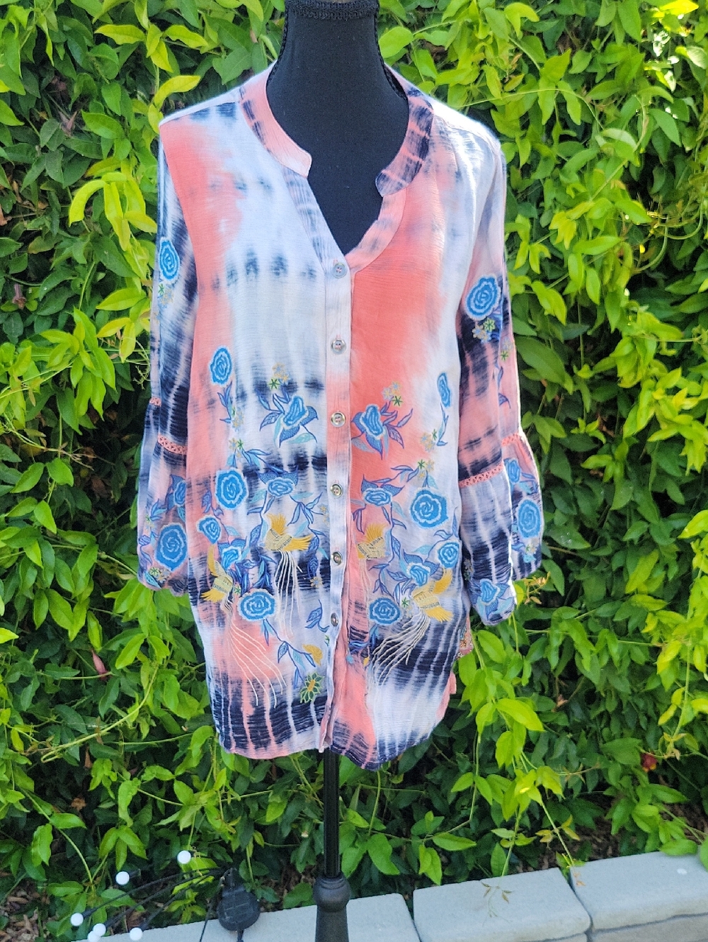 Floral And Bird Embroidered Boho Tie Dye Patchwork Button-Up Blouse 2X